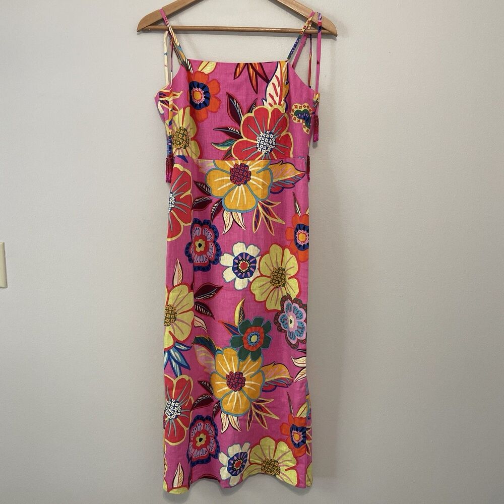 Maison D'Amelie Linen Blend Tropical Bright Floral Dress S Beaded Tassels Resort
